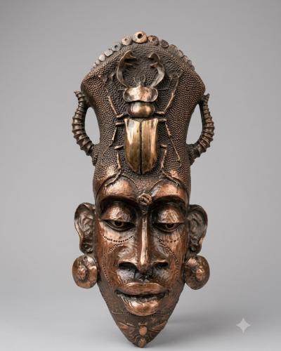 Artisanal Patinated Wooden African Woman Bust & Mask