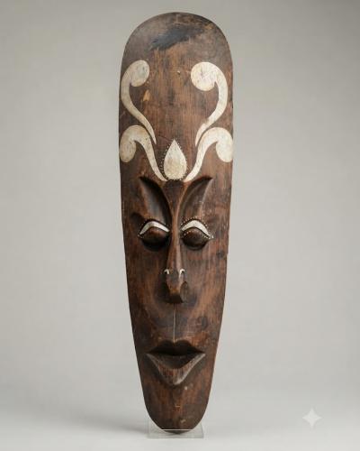 Artisanal West African Hand-Carved Wood Mask - Four-Leaf Clover Motif