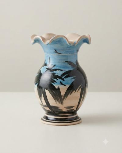 Artisan Ceramic Vase – Palm Tree Sunset Motif