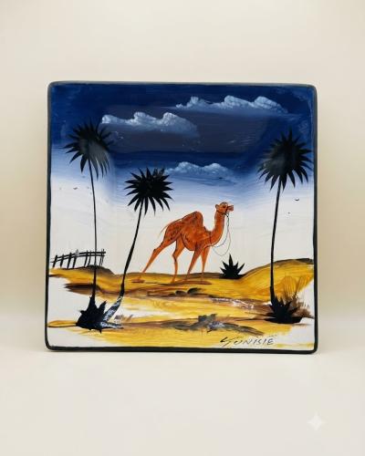 Hand-Painted Tunisian Ceramic Decorative Plaque - Oasis Camel & Palm