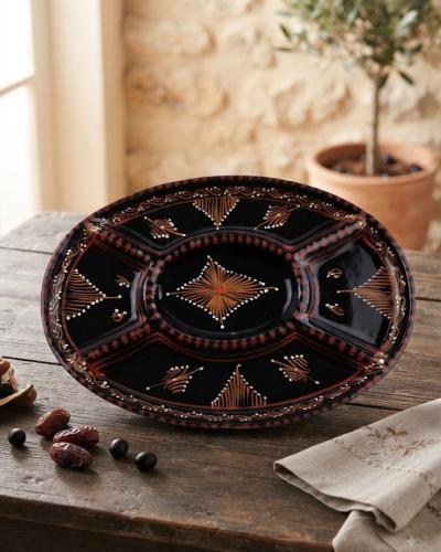 Handcrafted Ceramic Multi-Compartment Serving Platter with Geometric Motifs
