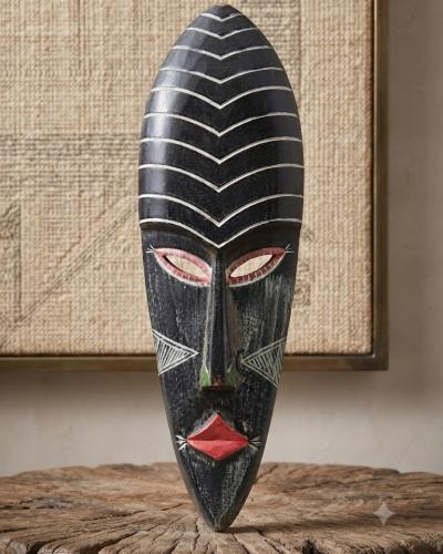 Artisanal Wooden Wall Mask - Tribal & Geometric Motif
