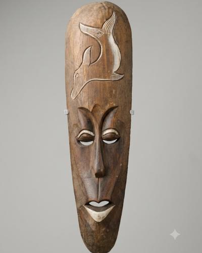 Ocean Guardian Hand-Carved Wooden African Mask with Dolphin Relief