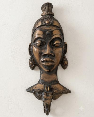 Artisanal Patinated Wooden African Woman Bust & Mask - Elephant & Cowrie Motif