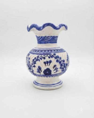 Handcrafted Blue and White Ceramic Vase with Floral Design