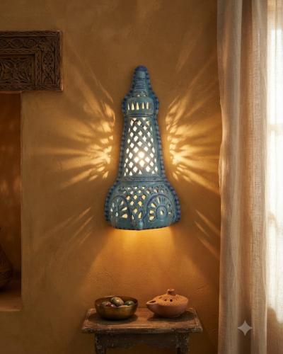 Artisan Ceramic Wall Sconce – Sky Blue Openwork Design