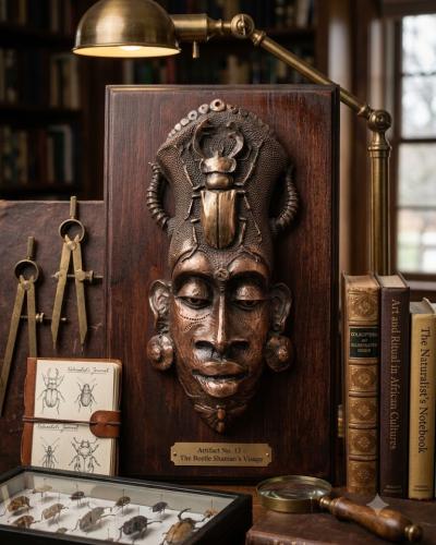 Artisanal Patinated Wooden African Woman Bust & Mask