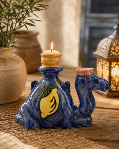 Handmade Tunisian Ceramic Camel Candle Holder – Blue Pottery Tealight Holder