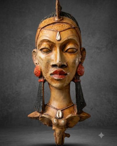 African Royalty Wooden Wall Mask – Female Bust with Elephant Moti