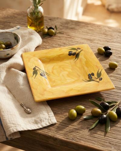 Hand-Painted Mediterranean Olive Motif Square Serving Plate