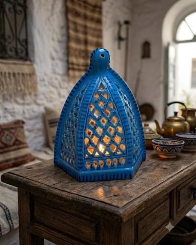 Hand-Crafted Turquoise Blue Ceramic Lattice Lantern