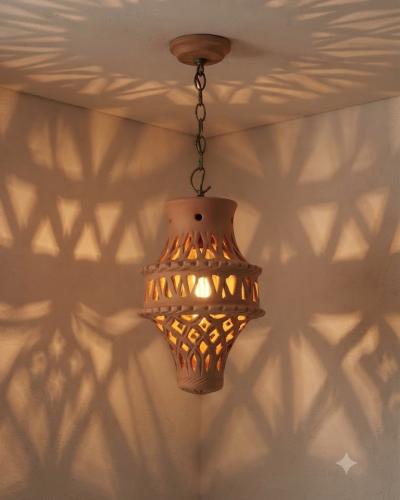 Handmade Openwork Terracotta Pendant Light – Geometric Design