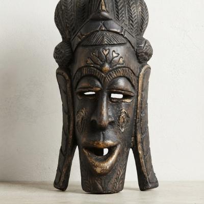 Artisanal Patinated Wooden Ritual Mask - Royal Headdress & Heart Motif