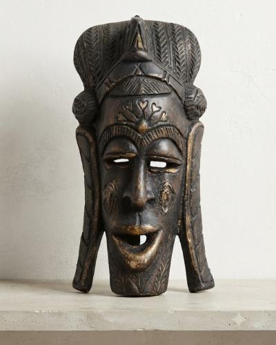 Artisanal Patinated Wooden Ritual Mask - Royal Headdress & Heart Motif