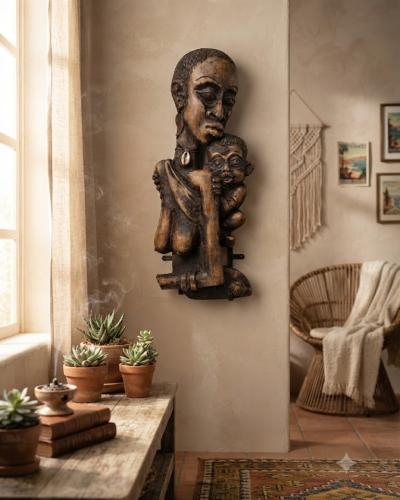 Tribal Mother and Child Wooden Wall Relief Sculpture