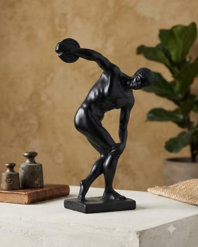 Artisanal Black-Finished Classical Discus Thrower Sculpture