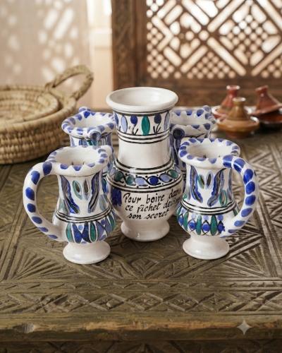 Artisanal Ceramic "Guess the Secret" Pitcher and Cups Set