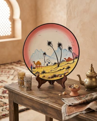 Hand-Painted Tunisian Ceramic Decorative Plate - Oasis Sunset Landscape