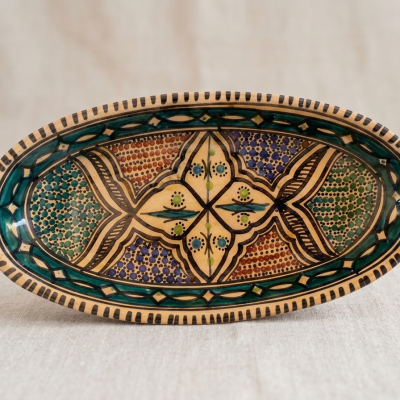 Handcrafted Oval Ceramic Platter – Red Geometric Pattern