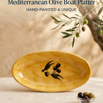 Hand Painted Tunisian Ceramic Olive Oval Platter – Mediterranean Serving Dish
