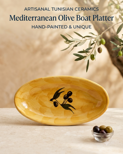 Hand Painted Tunisian Ceramic Olive Oval Platter – Mediterranean Serving Dish