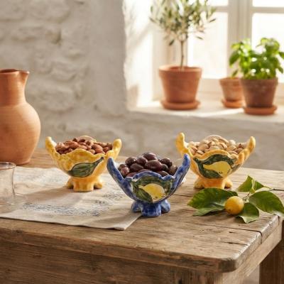Handcrafted Ceramic Lemon Motif Footed Bowls (Set of 3)