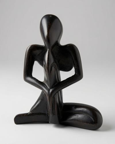 Abstract Black Wooden Seated Figure Sculpture – Modern African Art