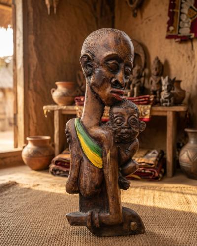 Traditional West African Wooden Maternity Sculpture – Mother & Child Carving
