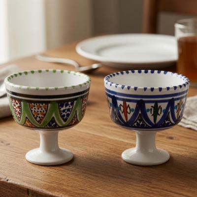 Set of 5 Hand-Painted Ceramic Egg Cups / Footed Bowls – Traditional Moroccan Style