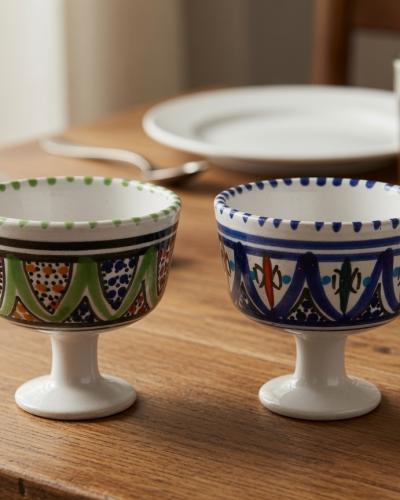 Set of 5 Hand-Painted Ceramic Egg Cups / Footed Bowls – Traditional Moroccan Style