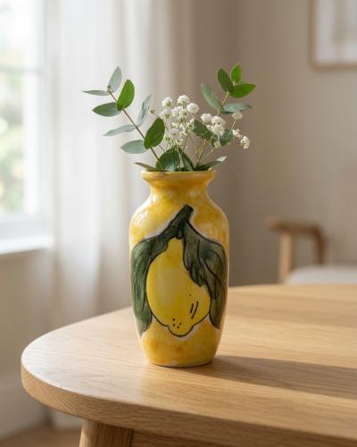 Small Hand-Painted Yellow Ceramic Vase – Lemon Motif