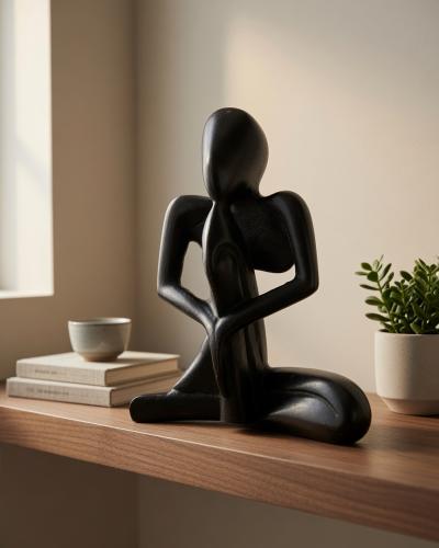 Abstract Black Wooden Seated Figure Sculpture – Modern African Art