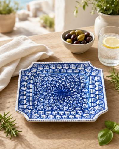 Hand-Painted Blue & White Square Ceramic Plate – Moroccan Style