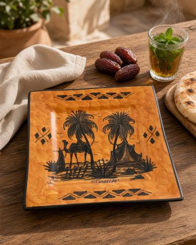 Hand-Painted Tunisian Square Ceramic Plate – Desert Oasis Scene