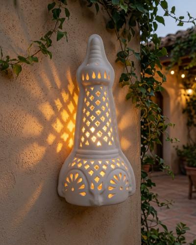 White Ceramic Wall Sconce – Oriental Openwork Lantern
