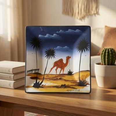 Hand-Painted Tunisian Ceramic Decorative Plaque - Oasis Camel & Palm