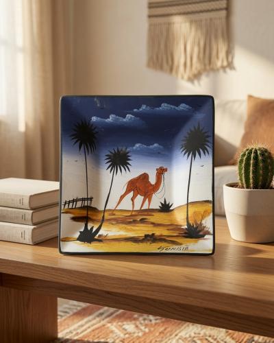 Hand-Painted Tunisian Ceramic Decorative Plaque - Oasis Camel & Palm