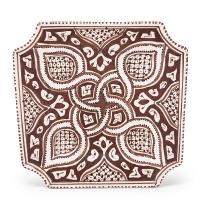 Hand-Painted Brown & White Square Ceramic Plate – Moroccan Style