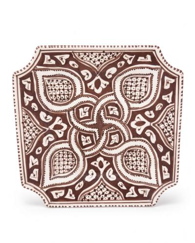 Hand-Painted Brown & White Square Ceramic Plate – Moroccan Style