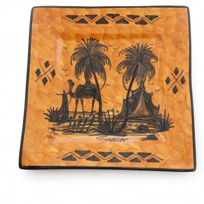 Hand-Painted Tunisian Square Ceramic Plate – Desert Oasis Scene