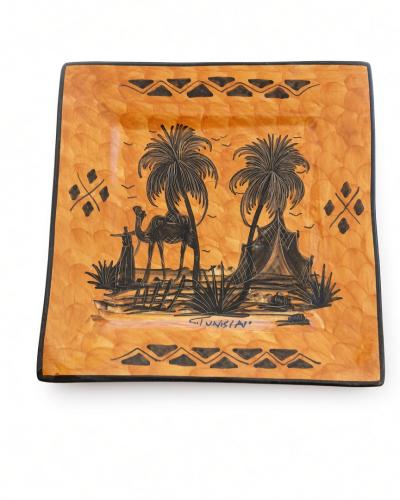 Hand-Painted Tunisian Square Ceramic Plate – Desert Oasis Scene