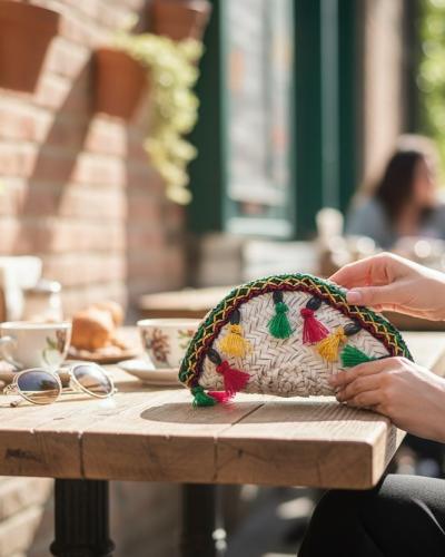 Handwoven Natural Straw Coin Purse with Tassels